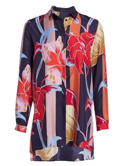 Shop Etro Lily-print Silk Tunic Blouse In Navy