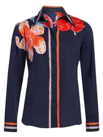 Shop Etro Lily-print Cotton Poplin Shirt In Navy