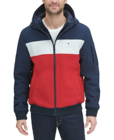 Tommy Hilfiger Soft-shell Hooded Bomber Jacket With Bib In Midnight Ice /  Red | ModeSens