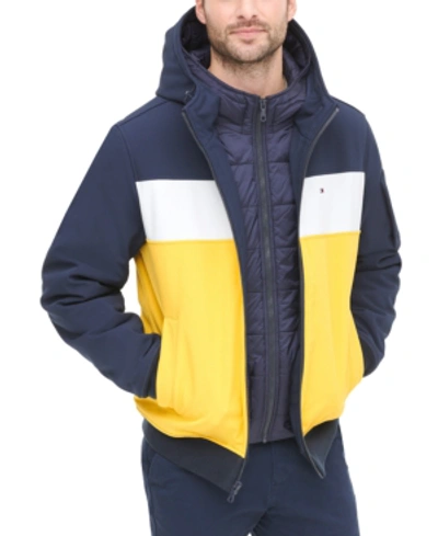 Shop Tommy Hilfiger Soft-shell Hooded Bomber Jacket With Bib In Yellow Navy