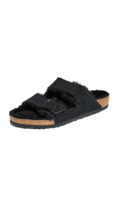Birkenstock Arizona Slide Sandal With Genuine Shearling In Black Black