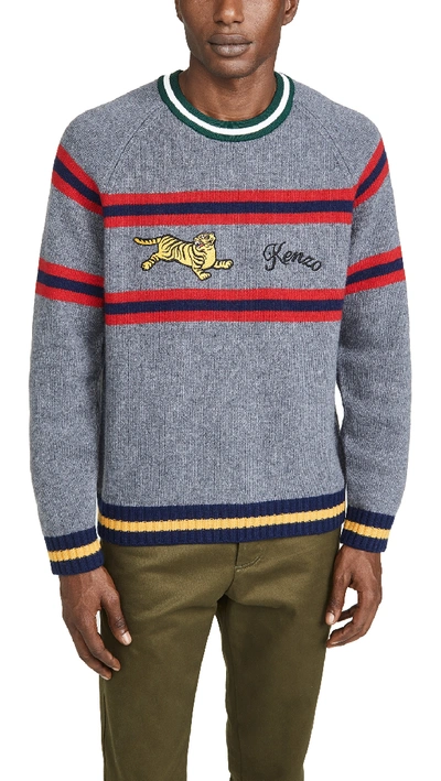 Shop Kenzo Striped Jumping Tiger Crew Neck Sweater In Grey