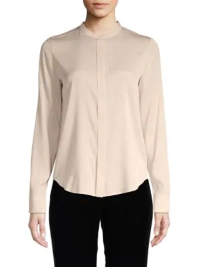 Shop Vince Band Collar Stretch Silk Blouse In Sandstone