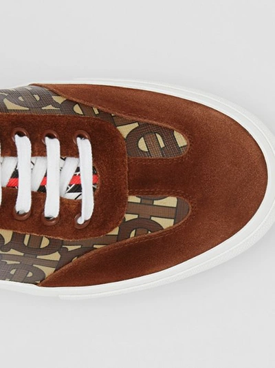 Shop Burberry Suede Detail Monogram Stripe Sneakers In Bridle Brown