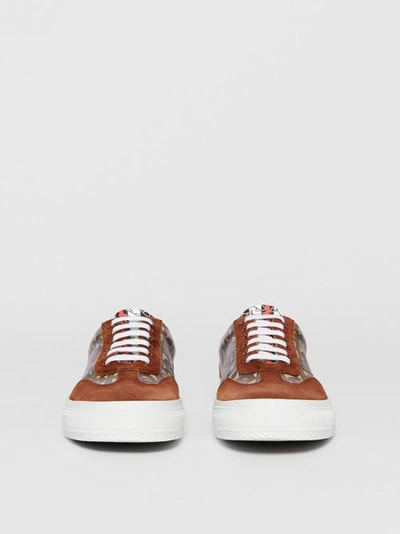 Shop Burberry Suede Detail Monogram Stripe Trainers In Bridle Brown
