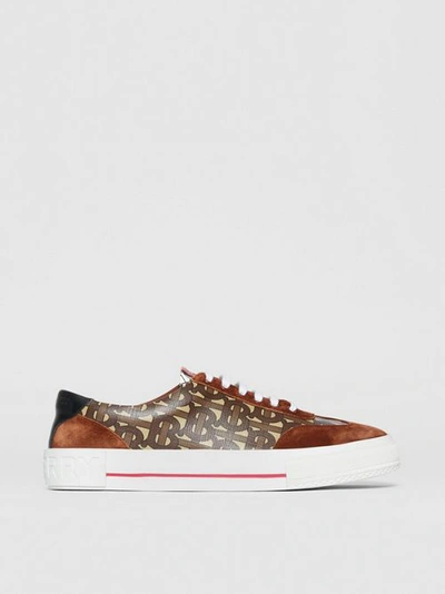 Shop Burberry Suede Detail Monogram Stripe Trainers In Bridle Brown