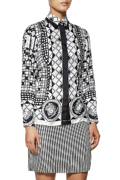 Pre-owned Versace Black & White Silk Geometric Print Shirt
