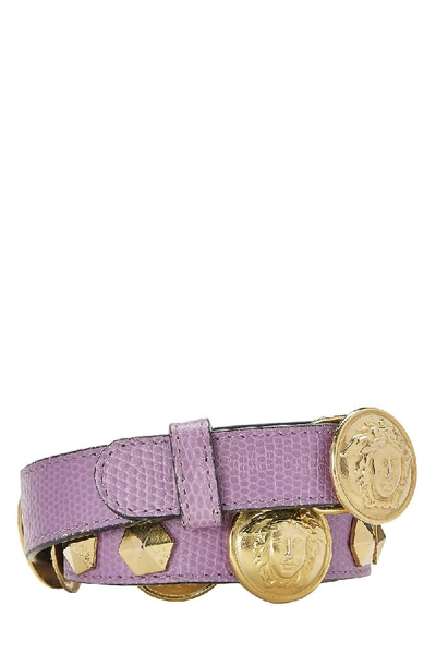 Pre-owned Versace Purple Embossed Leather Medusa Belt 70