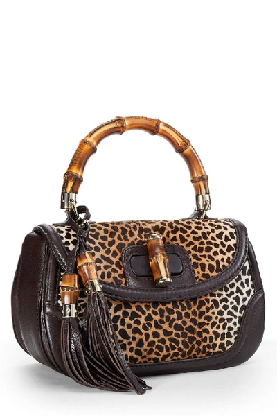 Pre-owned Gucci Cheetah Print Haircalf & Brown Leather Bamboo Top Handle Bag