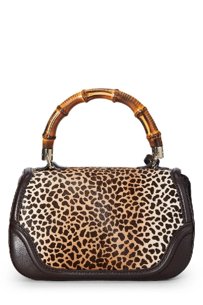 Pre-owned Gucci Cheetah Print Haircalf & Brown Leather Bamboo Top Handle Bag