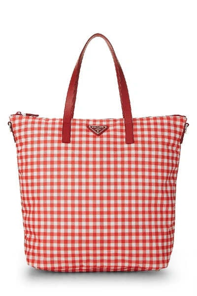 Shop Prada Red Nylon Check Tote Xl