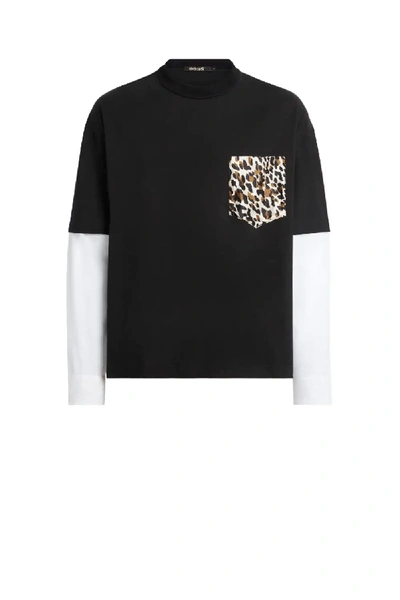 Shop Roberto Cavalli Hybrid Poplin Sleeve Animalier T-shirt In Black