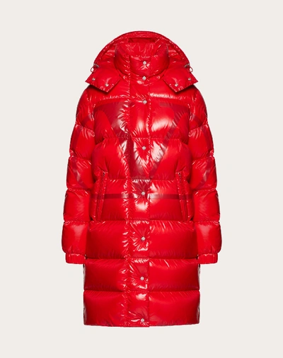 Shop Valentino Moncler Vlogo Lacquered Nylon Long Padded Jacket In Red