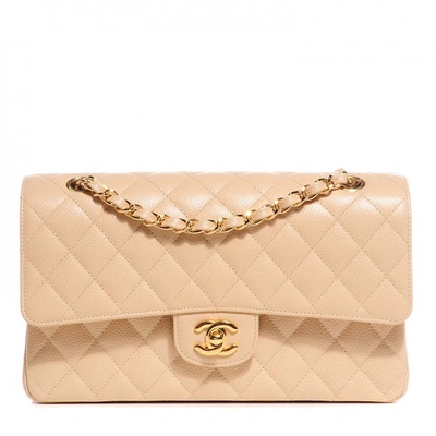Pre-owned Chanel Classic Double Flap Quilted Caviar Gold-tone Medium Beige Clair