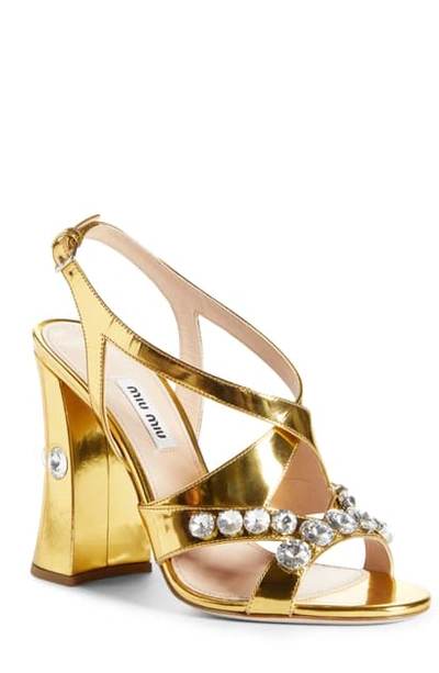 Shop Miu Miu Rocchetto Embellished Block Heel Sandal In Oro