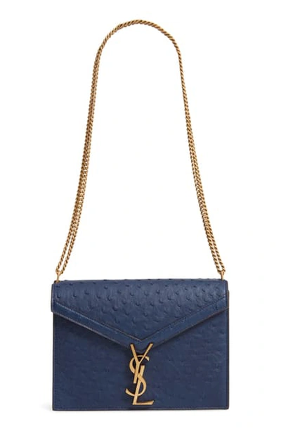Shop Saint Laurent Medium Cassandra Ostrich Leather Shoulder Bag In New Cobalt/ Ebony Dk