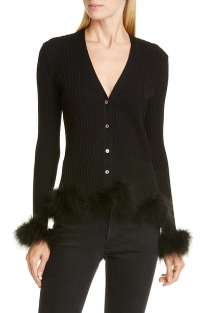 Shop Opening Ceremony Rib Wool Cardigan With Feather Trim In Black