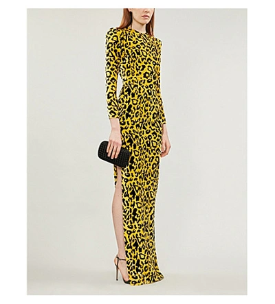 Shop Alex Perry Leopard-print Velvet Gown In Yellow / Black
