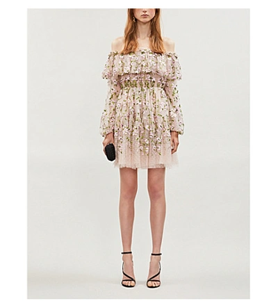 Shop Giambattista Valli Floral-embroidery Off-the-shoulder Silk And Cotton-blend Mini Dress In Powder Rose