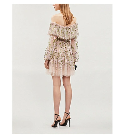 Shop Giambattista Valli Floral-embroidery Off-the-shoulder Silk And Cotton-blend Mini Dress In Powder Rose