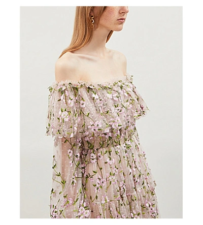 Shop Giambattista Valli Floral-embroidery Off-the-shoulder Silk And Cotton-blend Mini Dress In Powder Rose