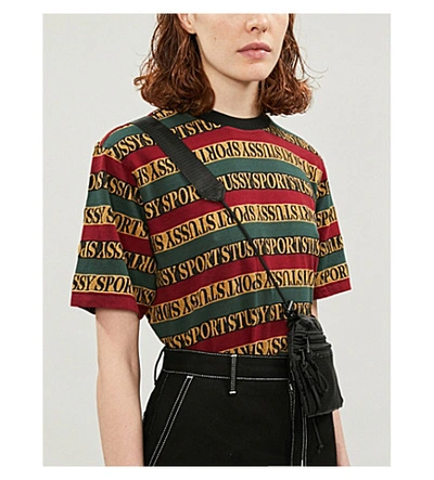 Shop Stussy Striped Logo-print Cotton-jersey T-shirt In Black Multi