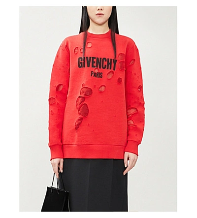 Shop Givenchy Destroyed Logo Cotton-jersey Sweatshirt In Red