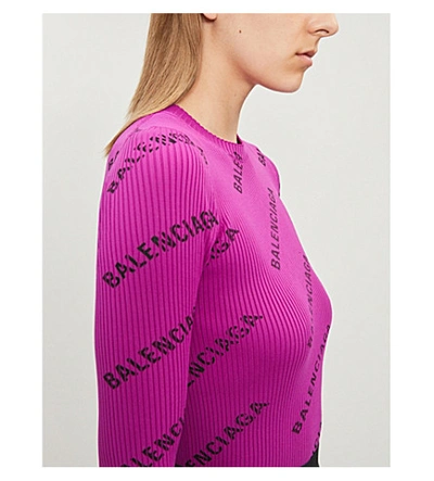 Shop Balenciaga Logo-print Ribbed Jersey Top In Purple/black
