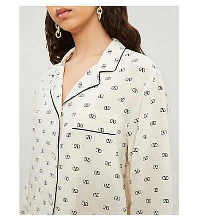 Shop Valentino Piped-trim Logo-print Silk Shirt In Ivory Black