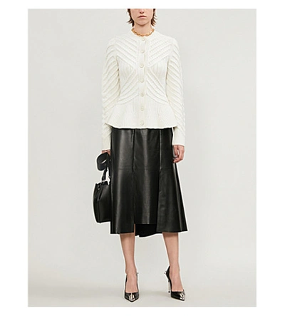 Shop Alexander Mcqueen Peplum-hem Cable-knit Wool And Cashmere-blend Cardigan In Ivory