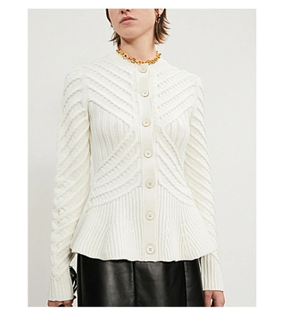 Shop Alexander Mcqueen Peplum-hem Cable-knit Wool And Cashmere-blend Cardigan In Ivory