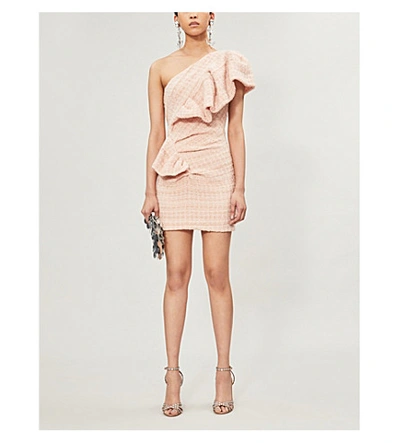 Shop Alexandre Vauthier One-shoulder Ruffled Wool-blend Tweed Mini Dress In Powder