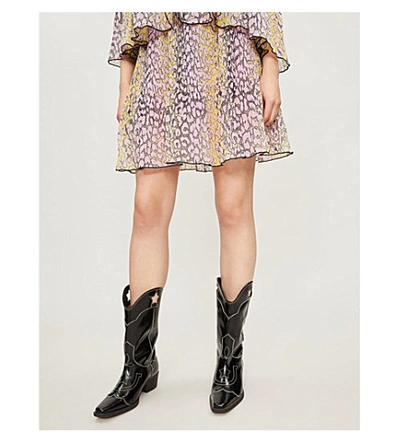 Shop Ganni Leopard-print Pleated Georgette Skirt In Phantom