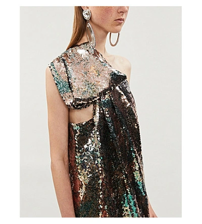 Shop Halpern One-shoulder Sequinned Midi Dress In Multi