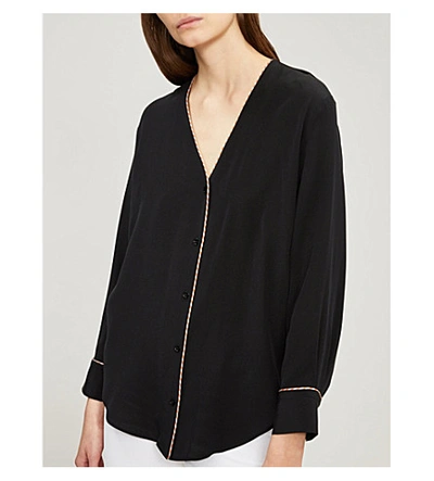 Shop Sandro V-neck Trimmed Silk Shirt In Ecru