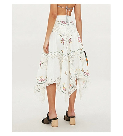 Shop Zimmermann Allia Floral And Lace Insert Linen And Cotton-blend Cotton Skirt In Ivory