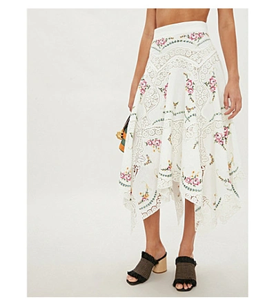 Shop Zimmermann Allia Floral And Lace Insert Linen And Cotton-blend Cotton Skirt In Ivory