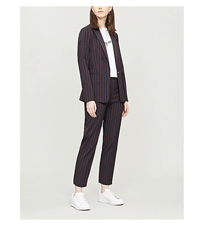 Shop Ted Baker Floral-embroidered Striped Woven Blazer In Navy