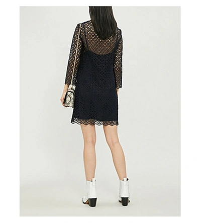 Shop Sandro Lina Contrast-trim Geometric-lace Woven Dress In Navy Blue