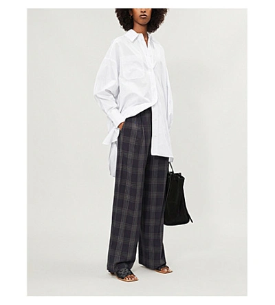 Shop Vince Checked Wide-leg Woven Trousers In Marine