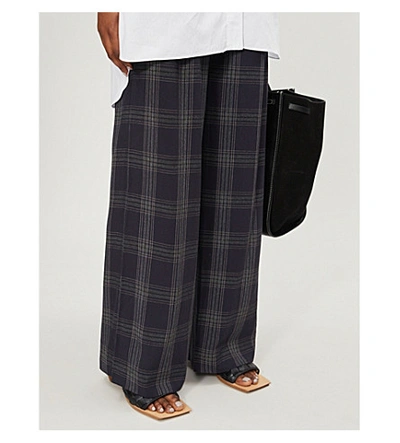 Shop Vince Checked Wide-leg Woven Trousers In Marine