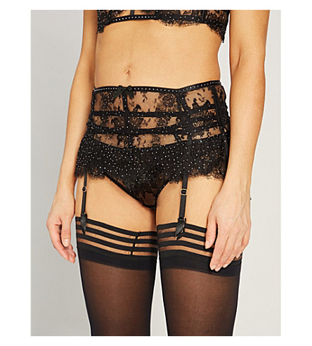 Agent Provocateur Davinah Suspender Black Silk Lace With Swarovski Crystals