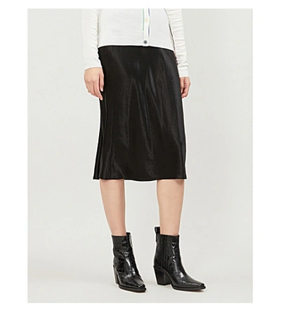 Shop Vince Womens Black Flared High-rise Crushed Satin Midi Skirt S
