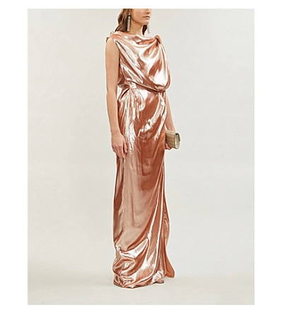 Shop Roland Mouret Silvabella Metallic Silk-blend Full-length Gown In Rose Gold