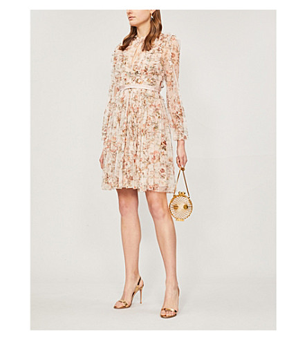 needle & thread embellished long sleeve midi dress with tulle skirt in rose quartz