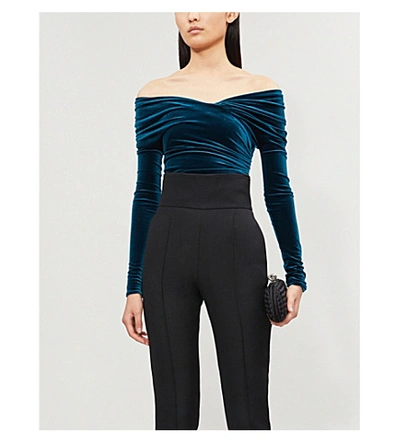 Shop Alexandre Vauthier Off-the-shoulder Stretch-velvet Bodysuit In Cobalt