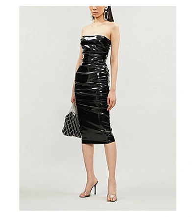 Shop Alex Perry Decon Ruched Faux-leather Knee-length Dress In Black
