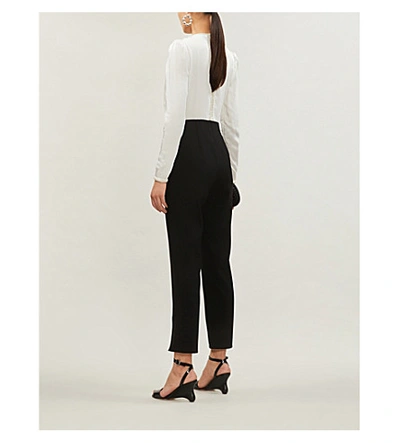 Shop Self-portrait Crystall-embellished Satin And Crepe Jumpsuit In Ivory/ Black