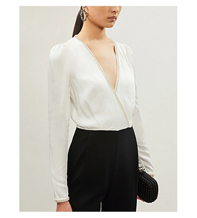 Shop Self-portrait Crystall-embellished Satin And Crepe Jumpsuit In Ivory/ Black