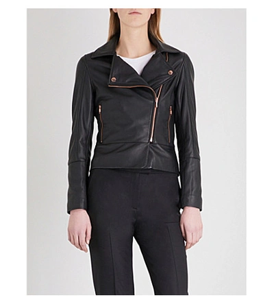 Shop Ted Baker Minimal Leather Biker Jacket In Black